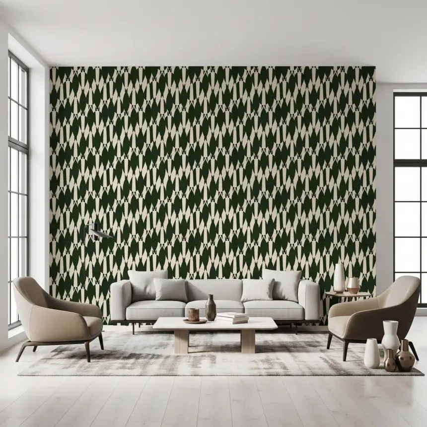 Modern Crest Pattern Green Cream Wallpaper