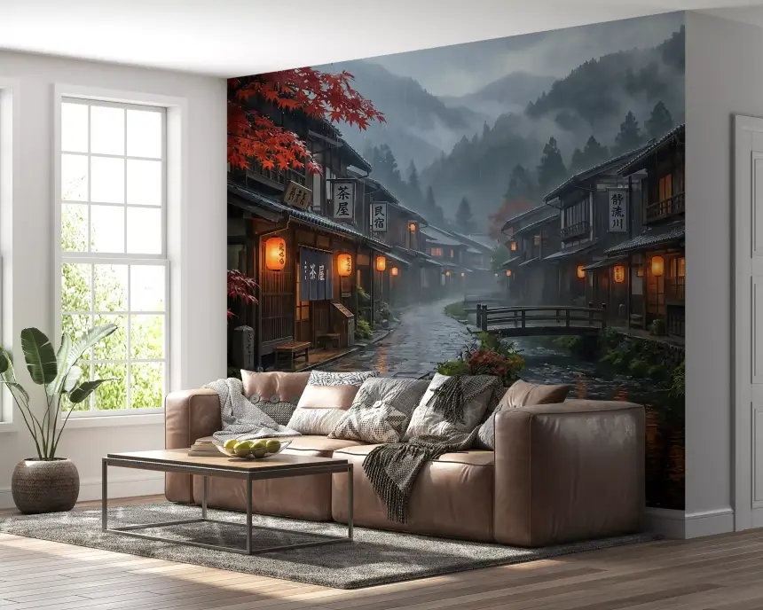 Crimson Rain in Old Japan Wall Mural