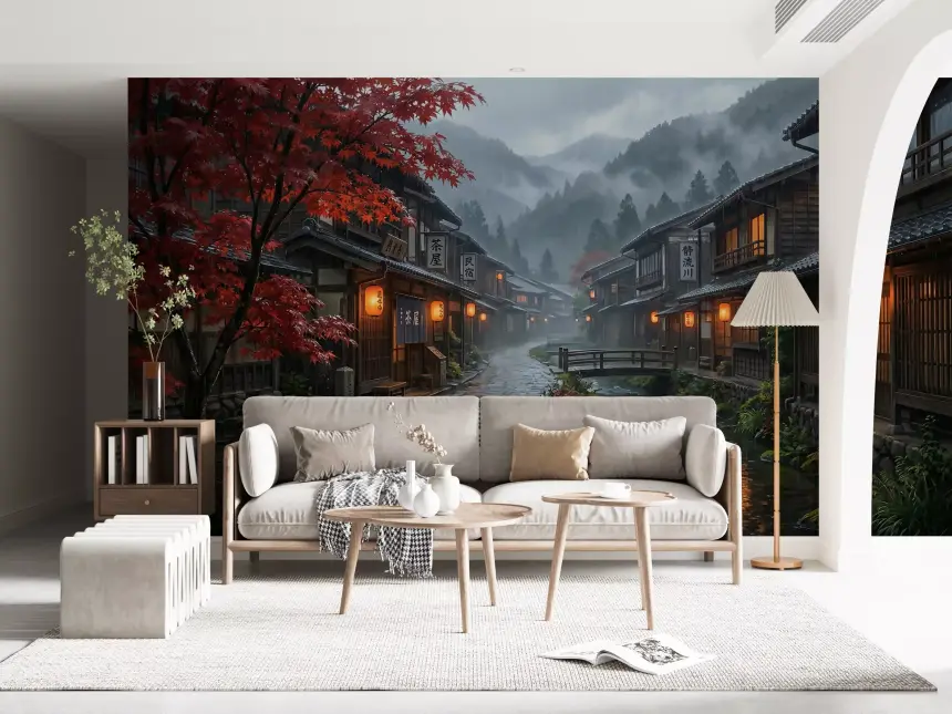 Crimson Rain in Old Japan Wall Mural