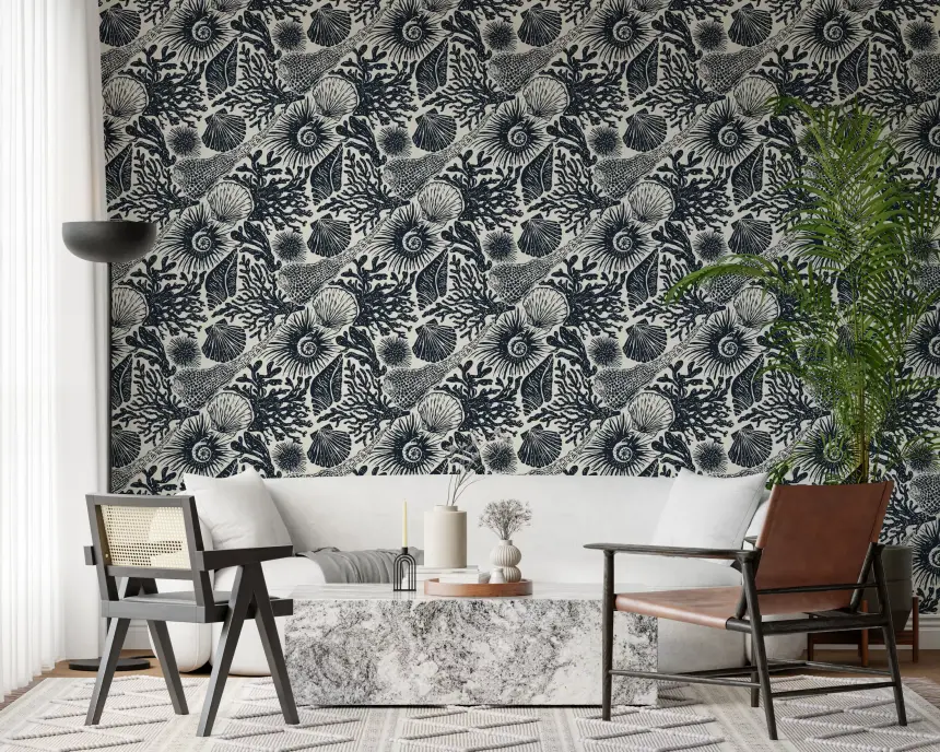 Boho Seashell & Coral Midnight Blue Wallpaper