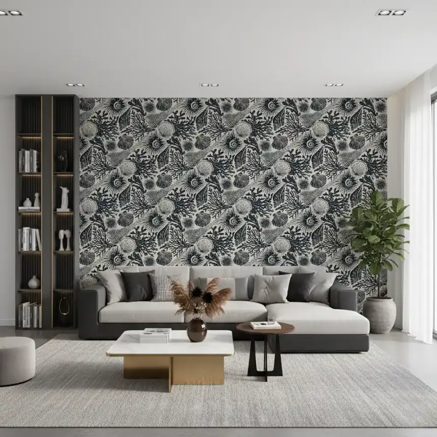Boho Seashell & Coral Midnight Blue Wallpaper