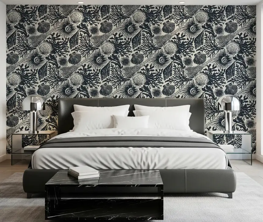 Boho Seashell & Coral Midnight Blue Wallpaper
