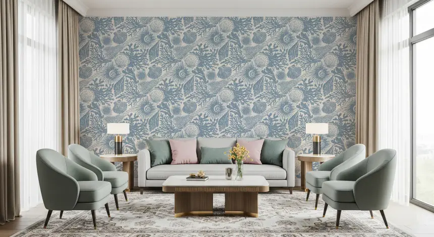 Boho Seashell & Coral Muted Blue Wallpaper