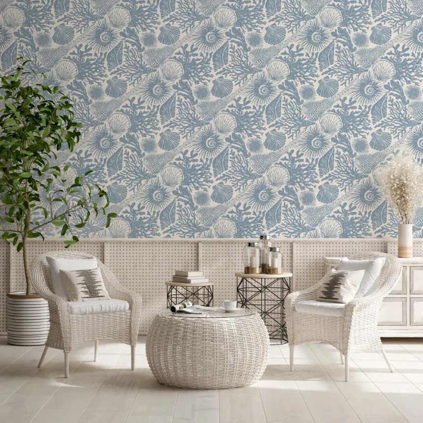Boho Seashell & Coral Muted Blue Wallpaper