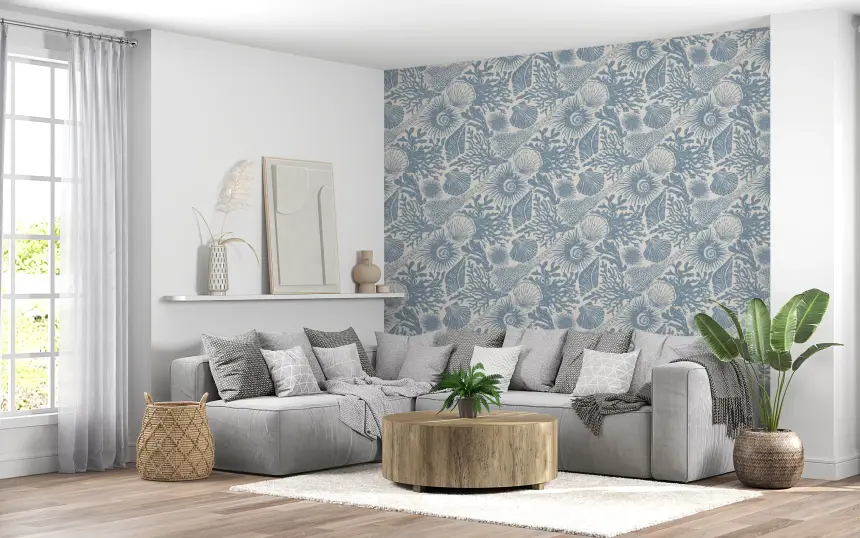 Boho Seashell & Coral Muted Blue Wallpaper