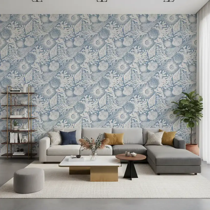 Boho Seashell & Coral Off-White on Azure Wallpaper