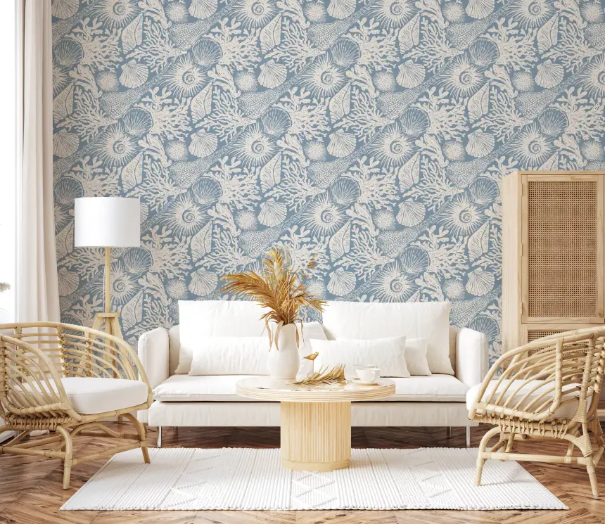 Boho Seashell & Coral Off-White on Azure Wallpaper