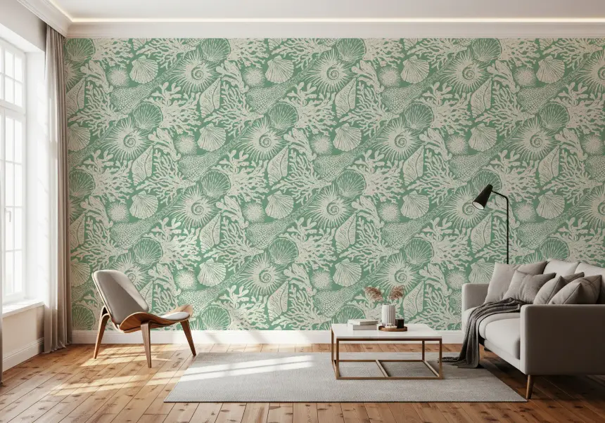 Boho Seashell & Coral Aqua Green Wallpaper