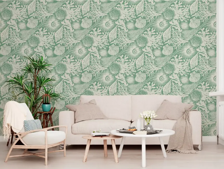 Boho Seashell & Coral Aqua Green Wallpaper