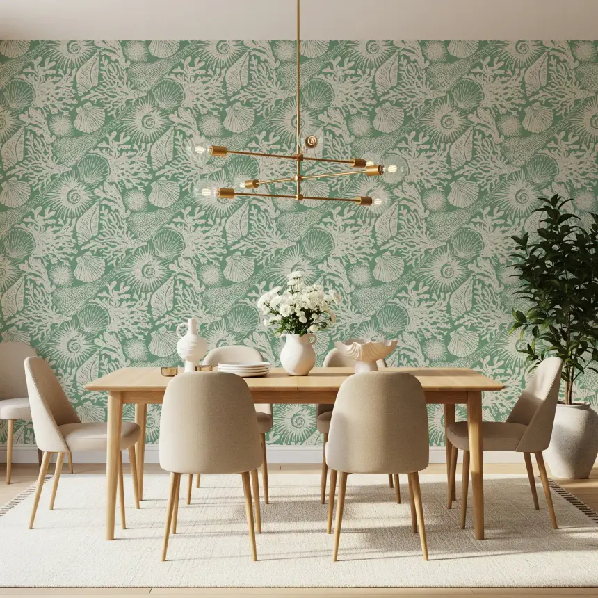 Boho Seashell & Coral Aqua Green Wallpaper