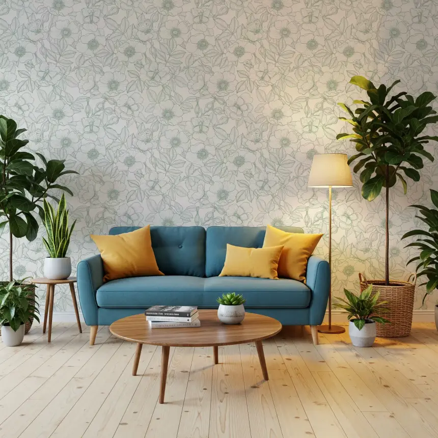 Dog Rose and Butterflies/Soft Green Linework Floral on Off‑White Wallpaper
