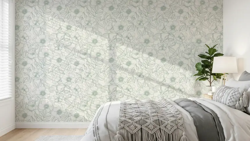 Dog Rose and Butterflies/Soft Green Linework Floral on Off‑White Wallpaper