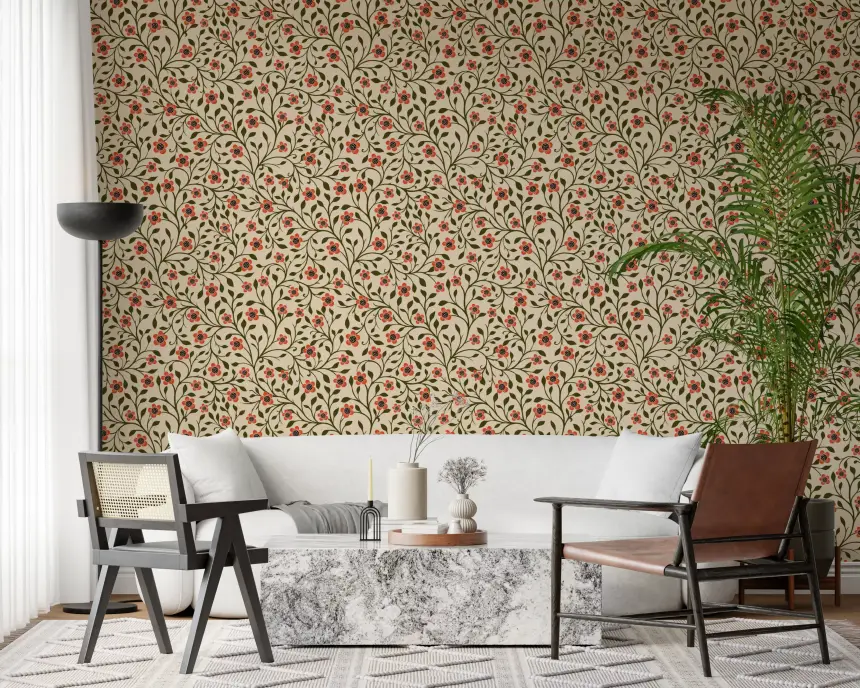 Warm Folk Floral Vines Wallpaper