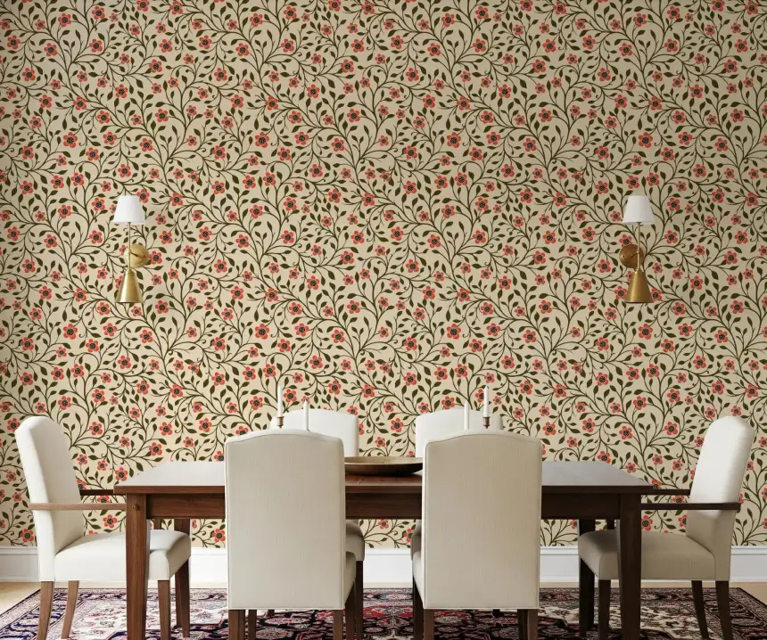 Warm Folk Floral Vines Wallpaper