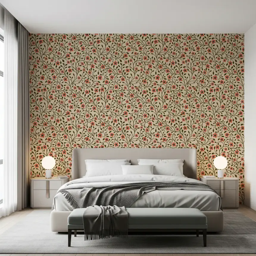 Warm Folk Floral Vines Wallpaper