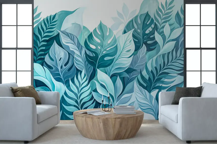Aqua Botanical Oasis Wall Mural