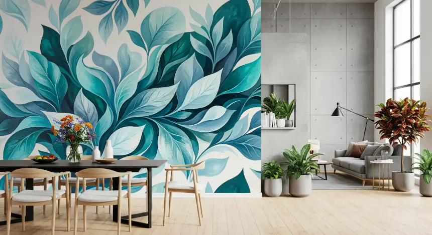 Teal Foliage Flow Wall Mural