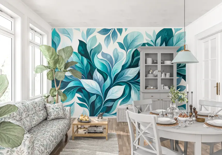 Teal Foliage Flow Wall Mural