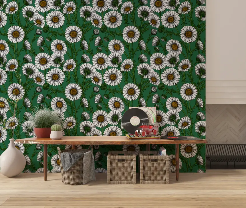 Daisies on Emerald Green Wallpaper