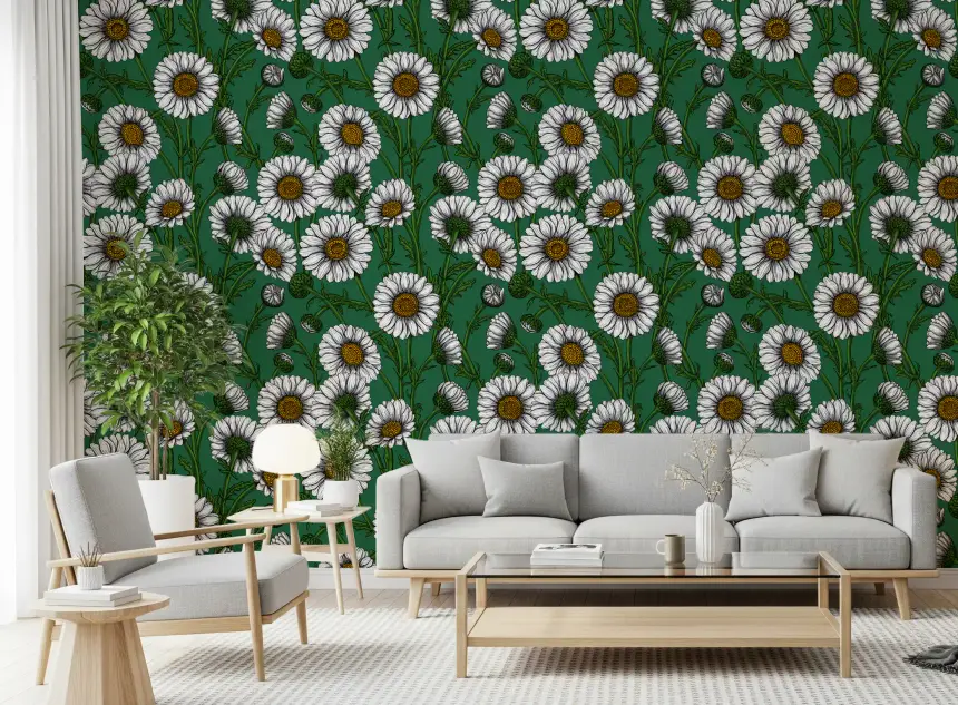 Daisies on Emerald Green Wallpaper