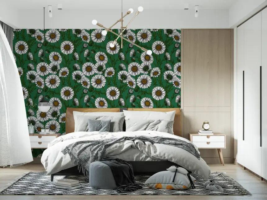 Daisies on Emerald Green Wallpaper