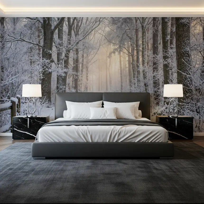Misty Winter Forest Glow Wall Mural