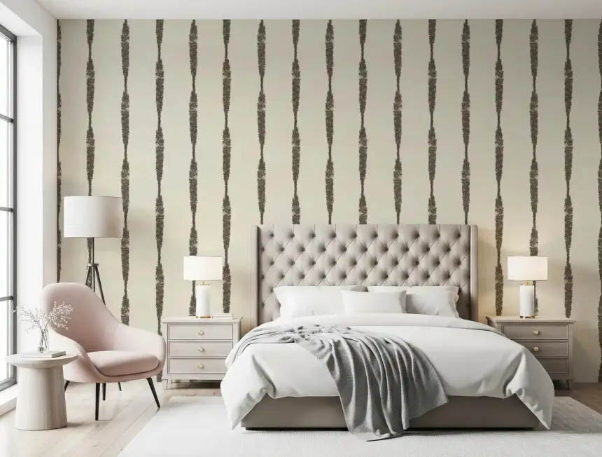 Muted Green Textured Distressed Stripes on Creamy White Wallpaper