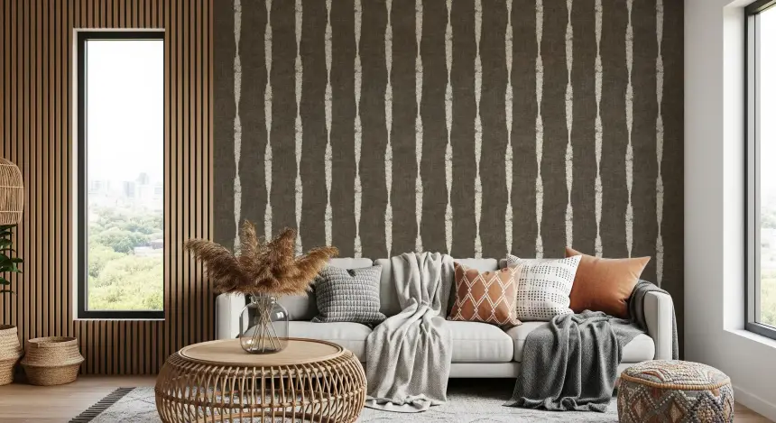 Cream Textured Distressed Stripes on Muted Brown Wallpaper