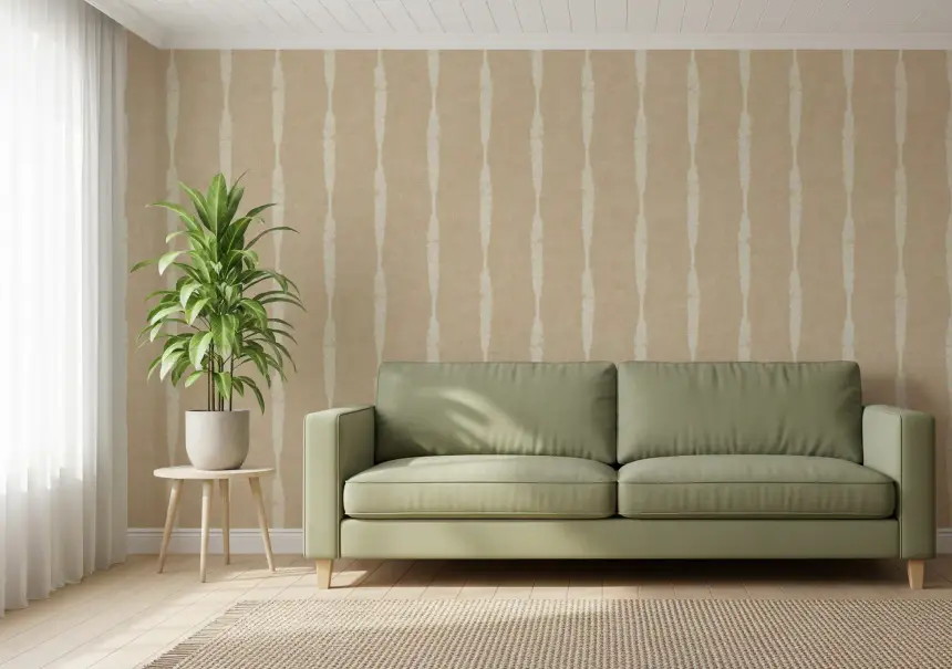 Creamy White Textured Distressed Stripes on Warm Beige Wallpaper