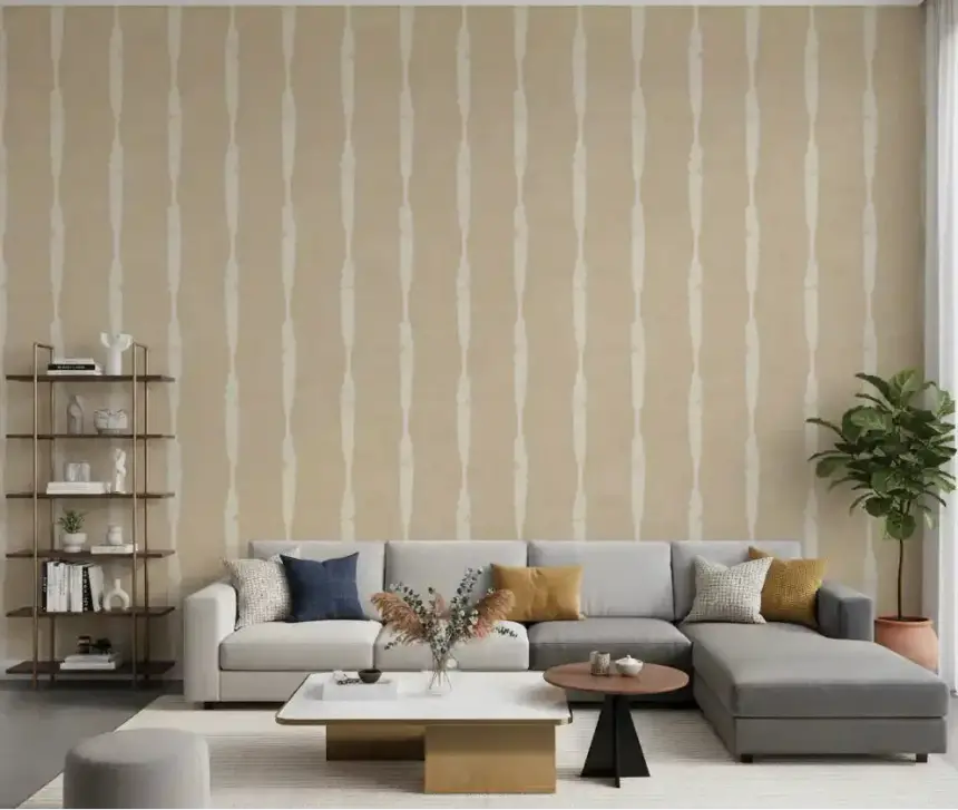 Creamy White Textured Distressed Stripes on Warm Beige Wallpaper