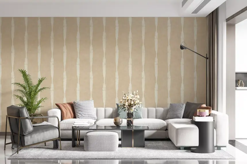 Creamy White Textured Distressed Stripes on Warm Beige Wallpaper