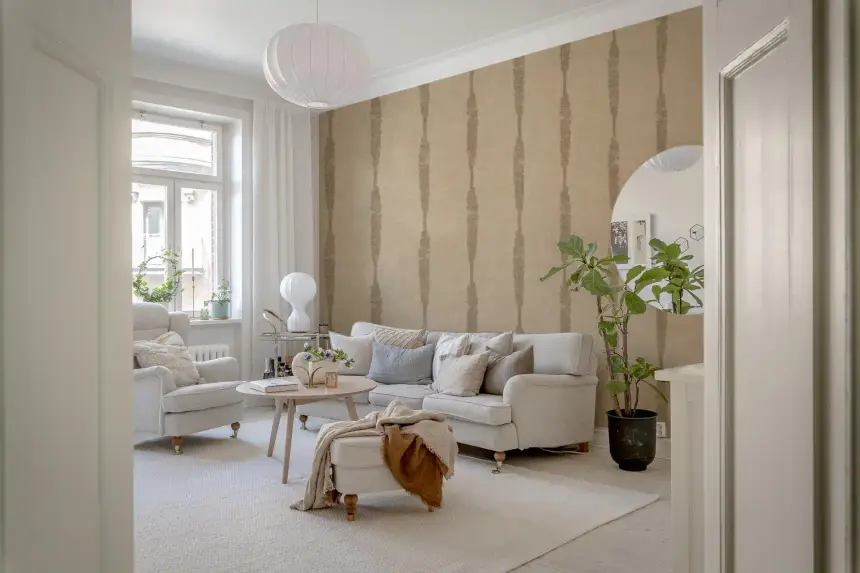 Kaki Textured Distressed Stripes on Warm Beige Wallpaper