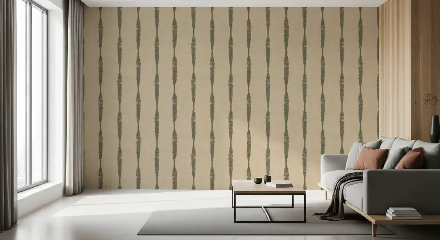 Muted Green Textured Distressed Stripes on Warm Beige Wallpaper