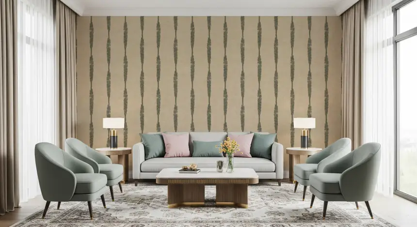 Muted Green Textured Distressed Stripes on Warm Beige Wallpaper