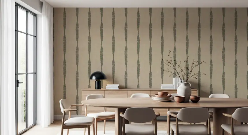 Muted Green Textured Distressed Stripes on Warm Beige Wallpaper