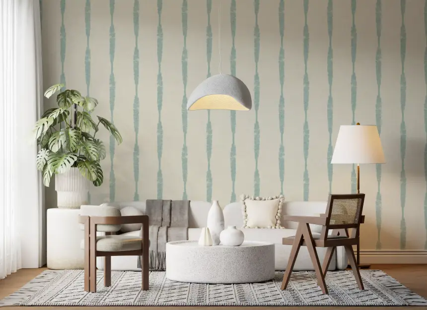 Soft Blue Textured Distressed Stripes on Cream Wallpaper