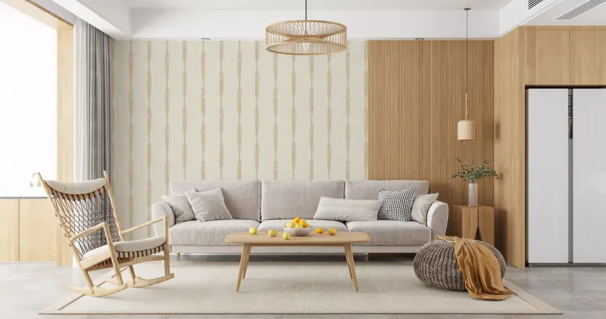 Warm Beige Textured Distressed Stripes on Creamy White Wallpaper