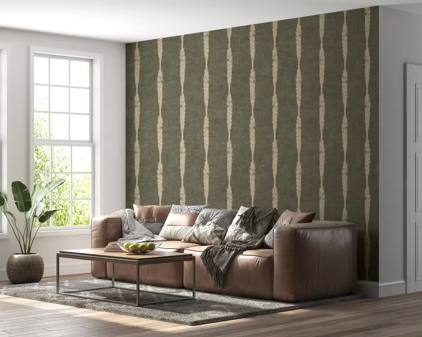 Warm Beige Textured Distressed Stripes on Muted Green Wallpaper
