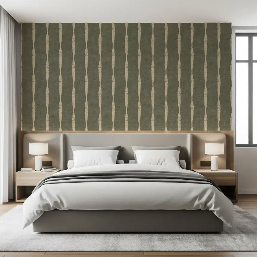 Warm Beige Textured Distressed Stripes on Muted Green Wallpaper