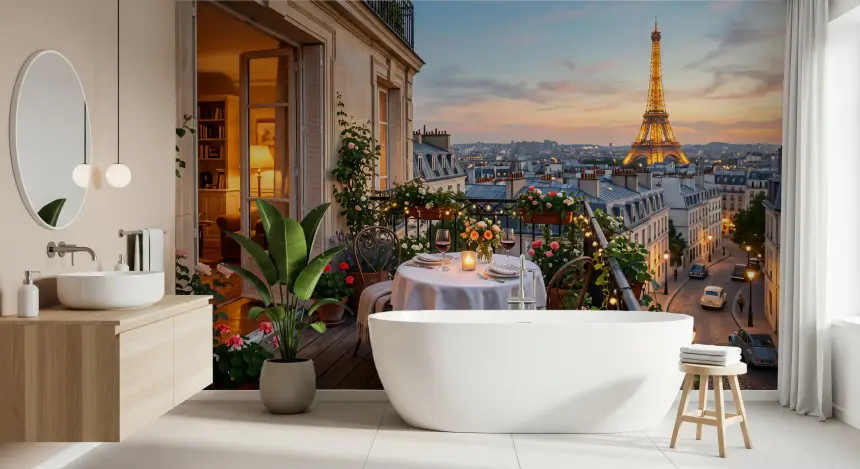Parisian Balcony Sunset Romance Wall Mural