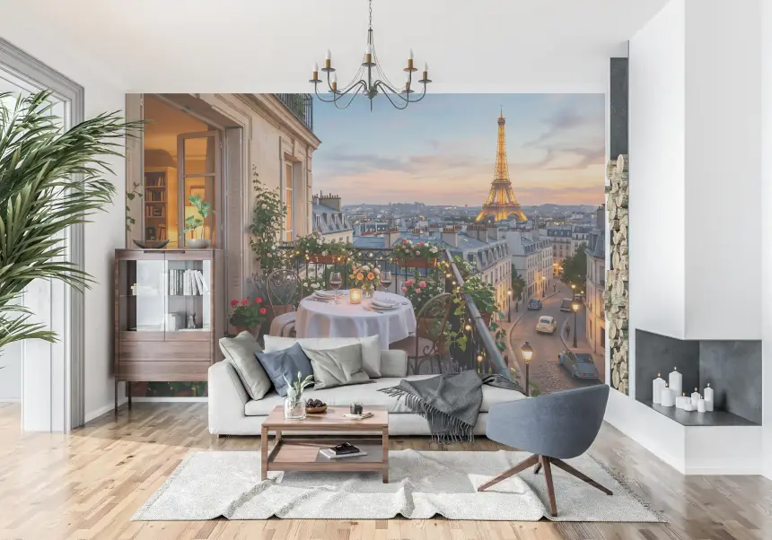 Parisian Balcony Sunset Romance Wall Mural