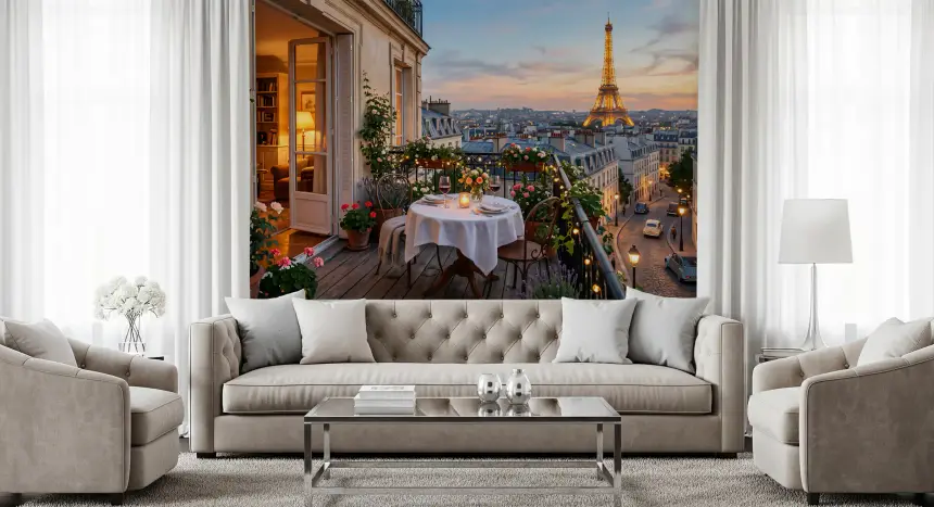 Parisian Balcony Sunset Romance Wall Mural