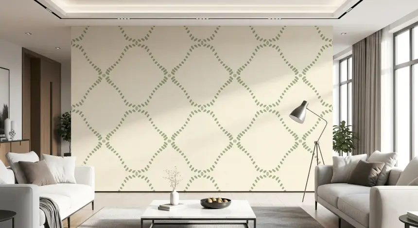 Beachy Boho Costal Green Dotted Lattice Wallpaper
