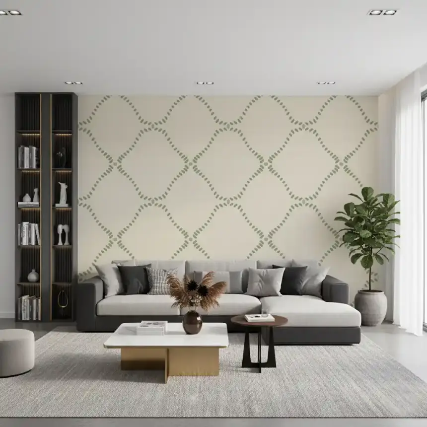 Beachy Boho Costal Green Dotted Lattice Wallpaper