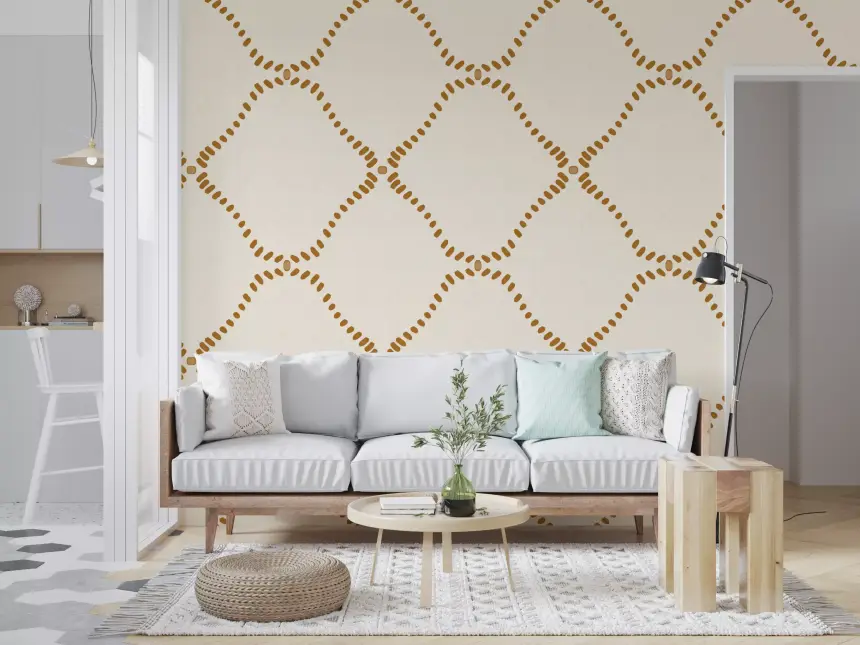 Beachy Boho Golden Dotted Lattice Wallpaper