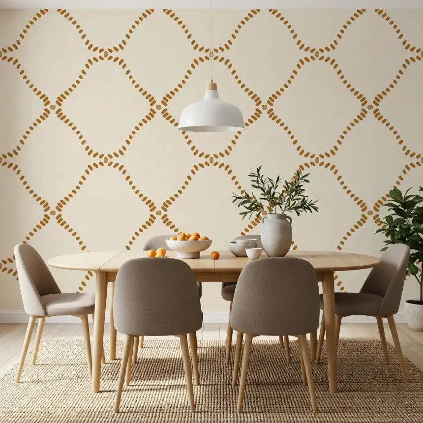 Beachy Boho Golden Dotted Lattice Wallpaper