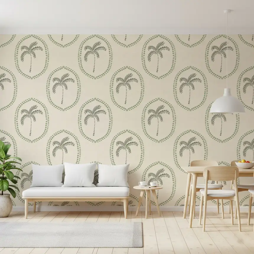 Beachy Boho Palm Oasis Costal Green Medallion Wallpaper