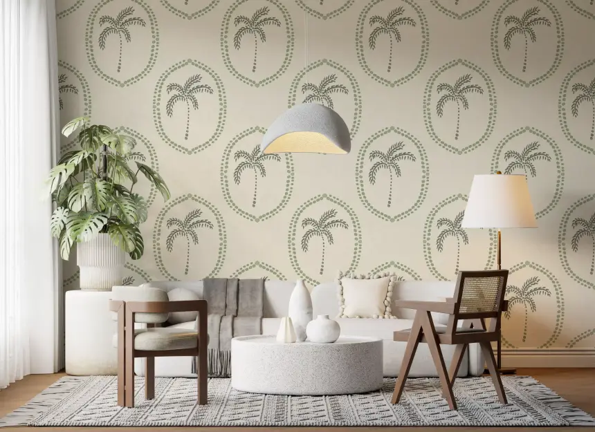 Beachy Boho Palm Oasis Costal Green Medallion Wallpaper
