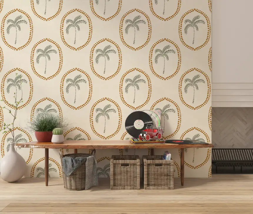 Beachy Boho Palm Oasis Golden Medallion Wallpaper