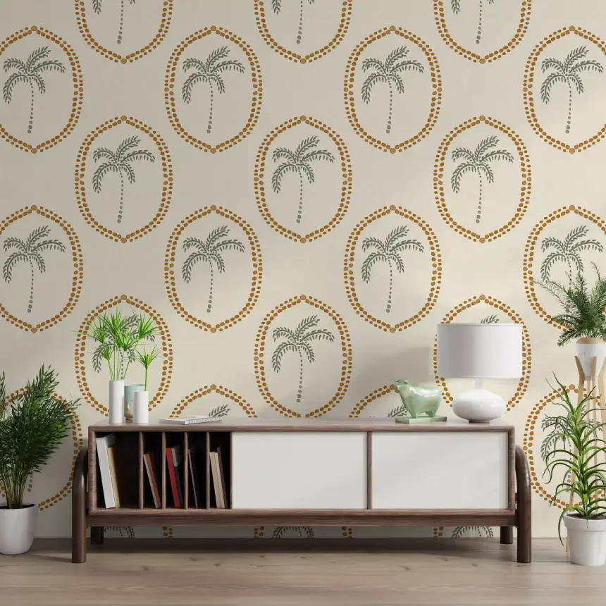 Beachy Boho Palm Oasis Golden Medallion Wallpaper